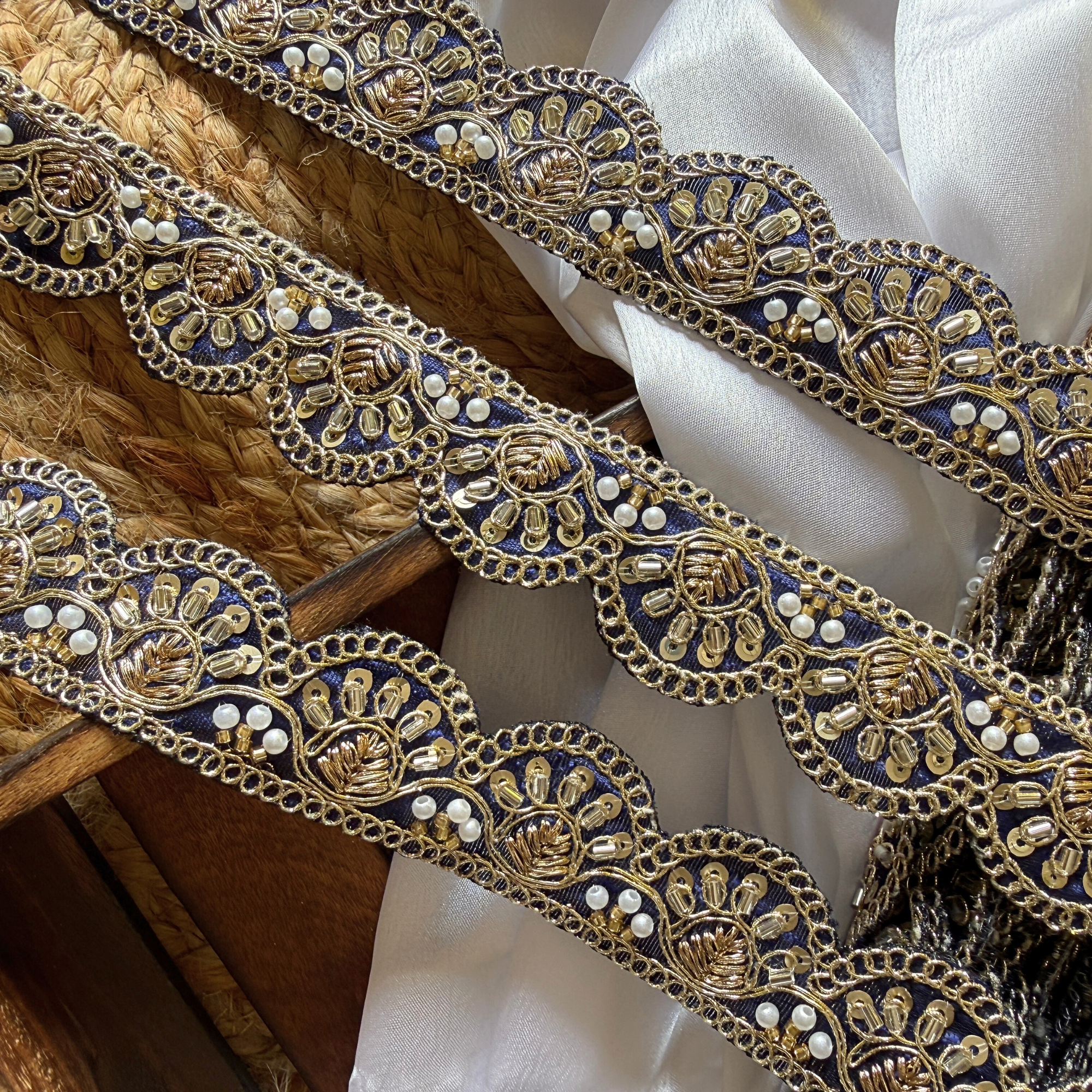 Scalloped Embellished Lace Trim with Pearl, Sequin & Bead Work for Bridal Wear