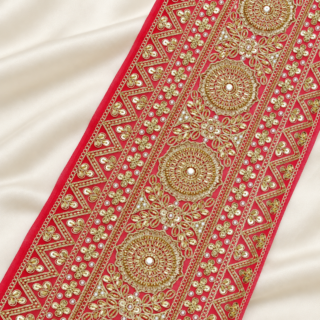 Royal Floral Medallion Gota Embroidered Wide Bridal Lace Border