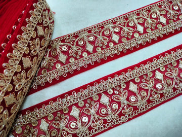 Red Fancy Zari Work Embroidered Border