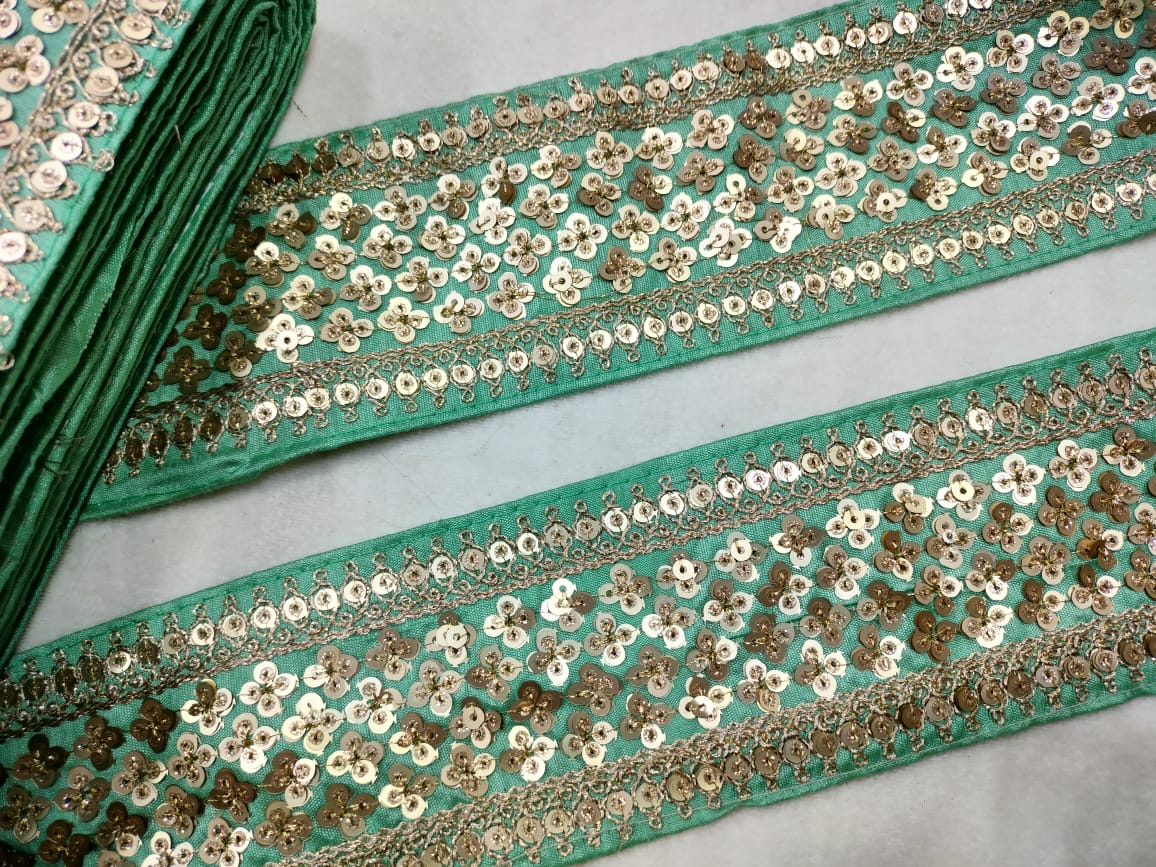 Turquoise Sequins Lace Border