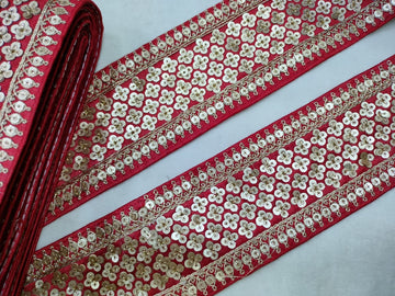 Red Sequins Lace Border