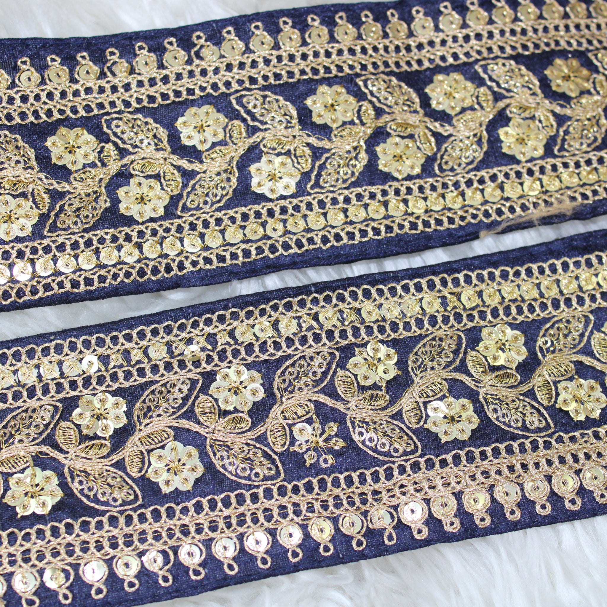 Navy Blue Floral Sequence Zari Trim