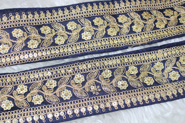 Navy Blue Floral Sequence Zari Trim