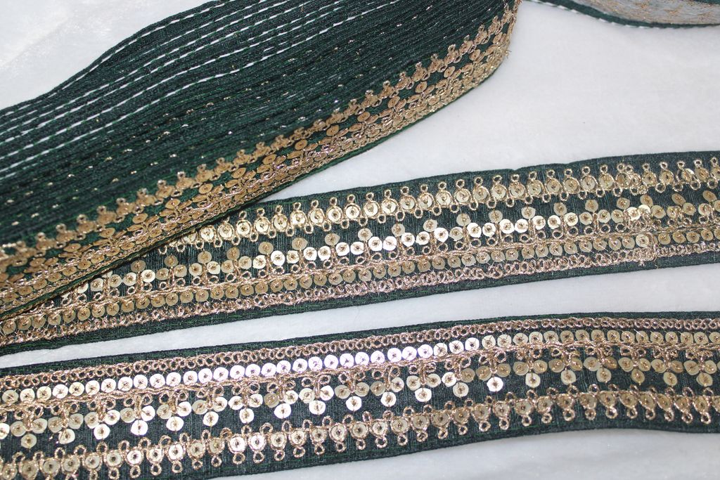 Dark Green Fancy Zari And Sequin Trim