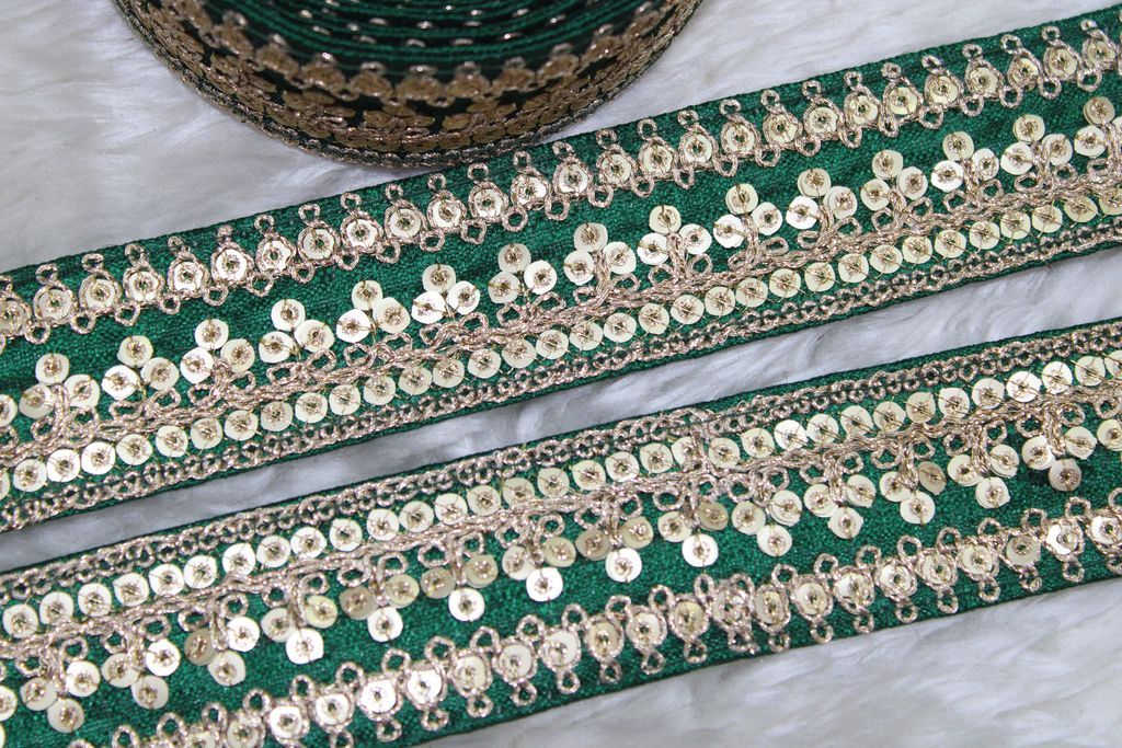 Dark Green Fancy Zari And Sequin Trim