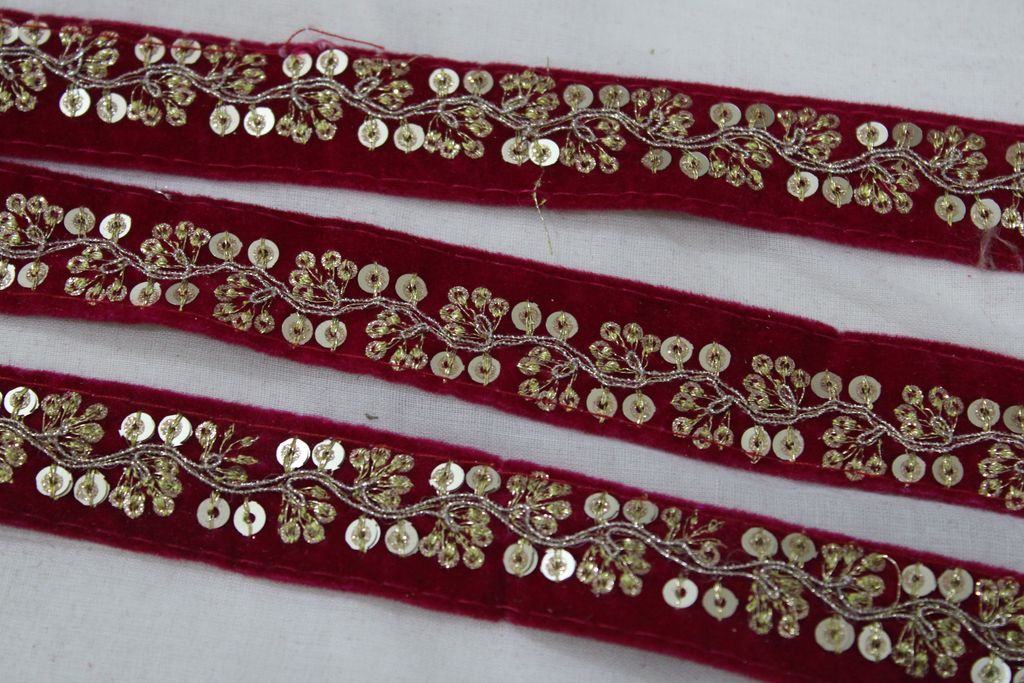 Red Fancy Sequins Work Embroidered Border