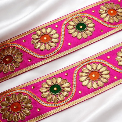Pink Floral Gota Patti Lace Trim Border for Bridal and Festive Wear