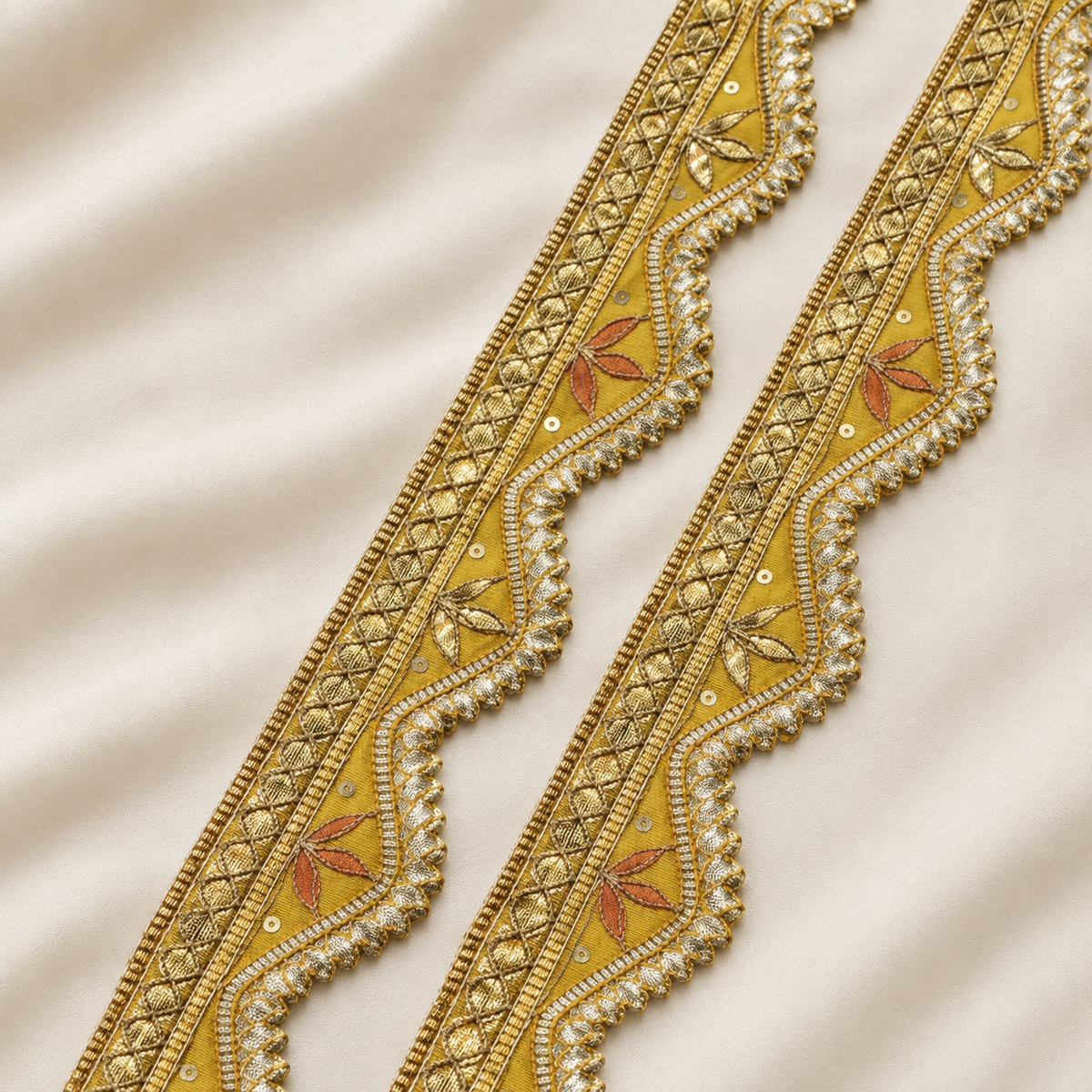 Metallic Leaf Embroidered Scalloped Lace Border for Festive Wear