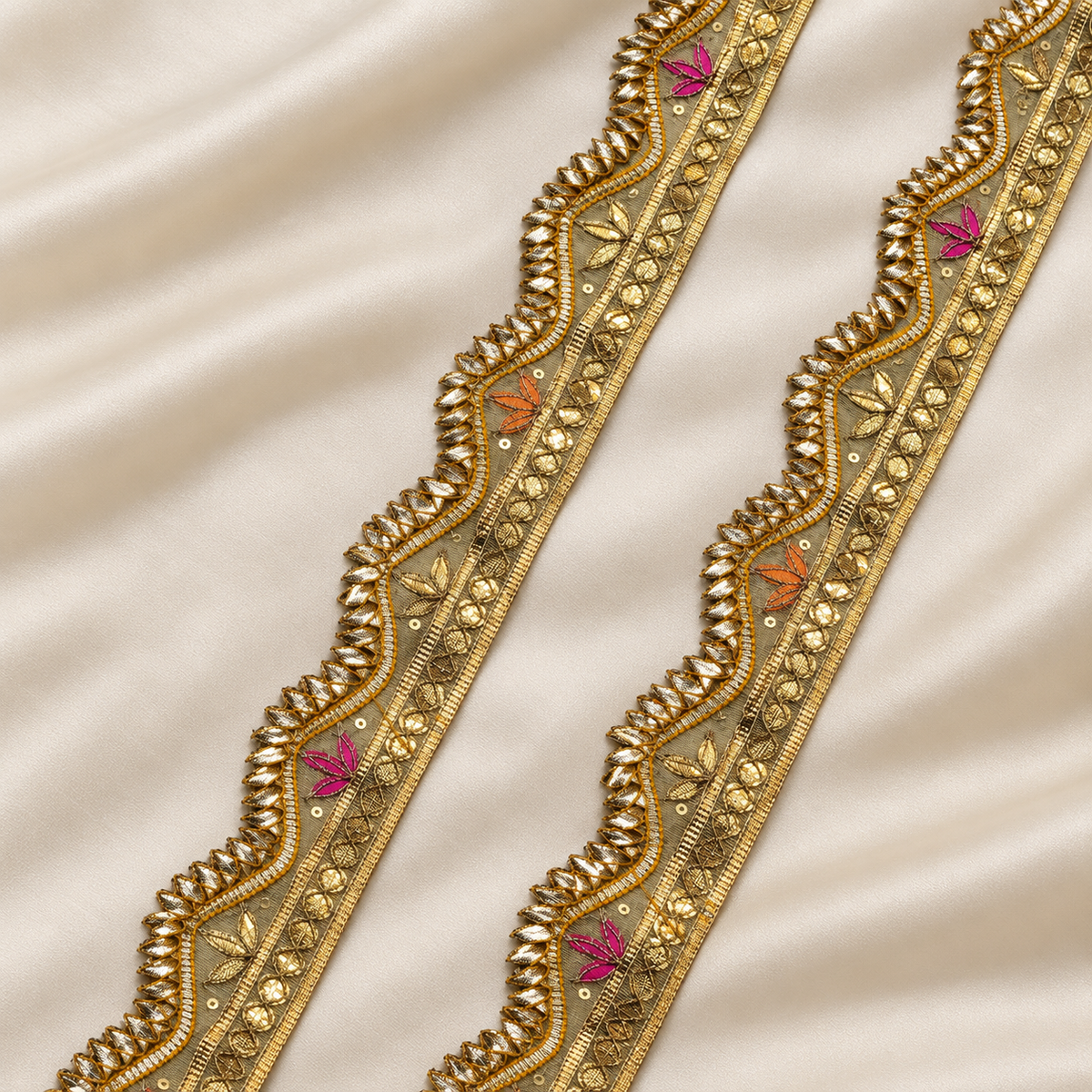 Metallic Leaf Embroidered Scalloped Lace Border for Festive Wear