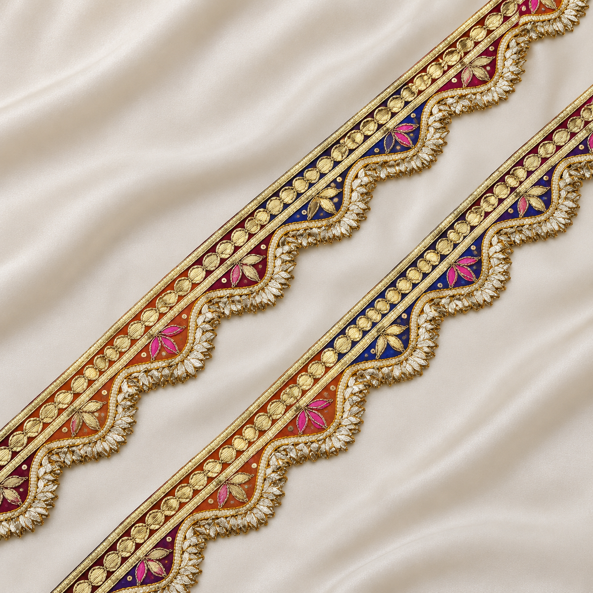 Metallic Leaf Embroidered Scalloped Lace Border for Festive Wear