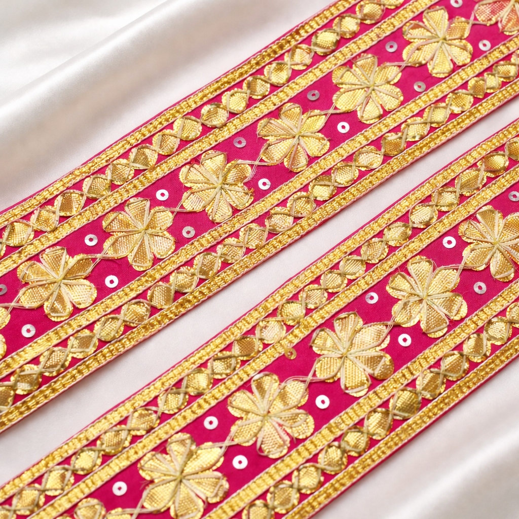 Floral Embroidered Gota Lace Border with Sequin Detailing for Ethnic & Festive Wear