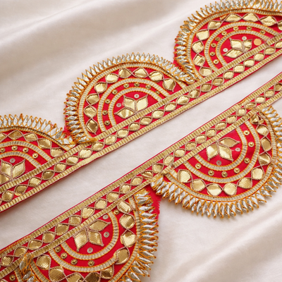 Red Scalloped Paisley Embroidered Lace Border with Gota & Sequin Detailing