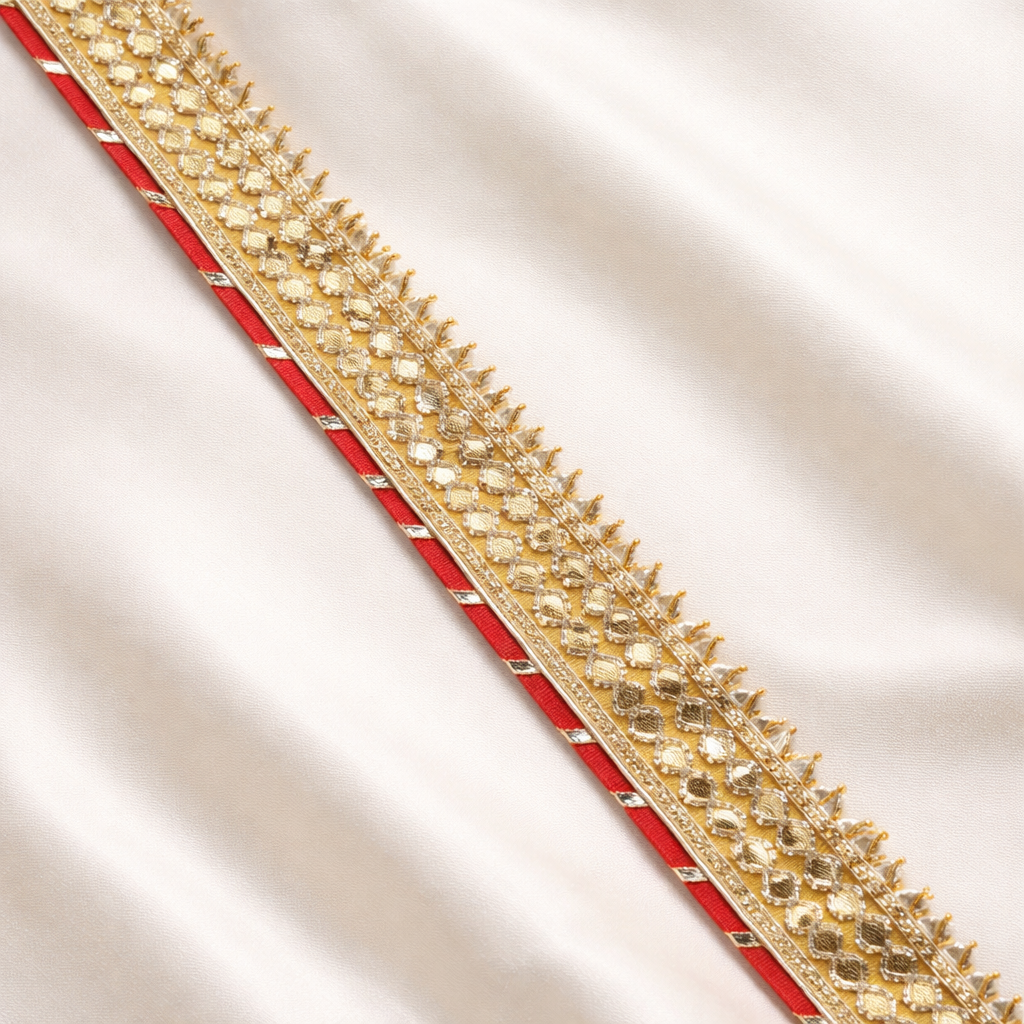 Red & Gold Gota Embroidered Lace Border with Lattice Work and Fringe Edge