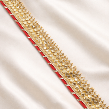 Red & Gold Gota Embroidered Lace Border with Lattice Work and Fringe Edge