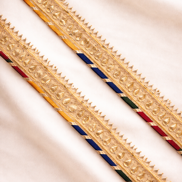 Multicolor & Gold Embroidered Lace Border with Leaf Motif and Fringe Detailing
