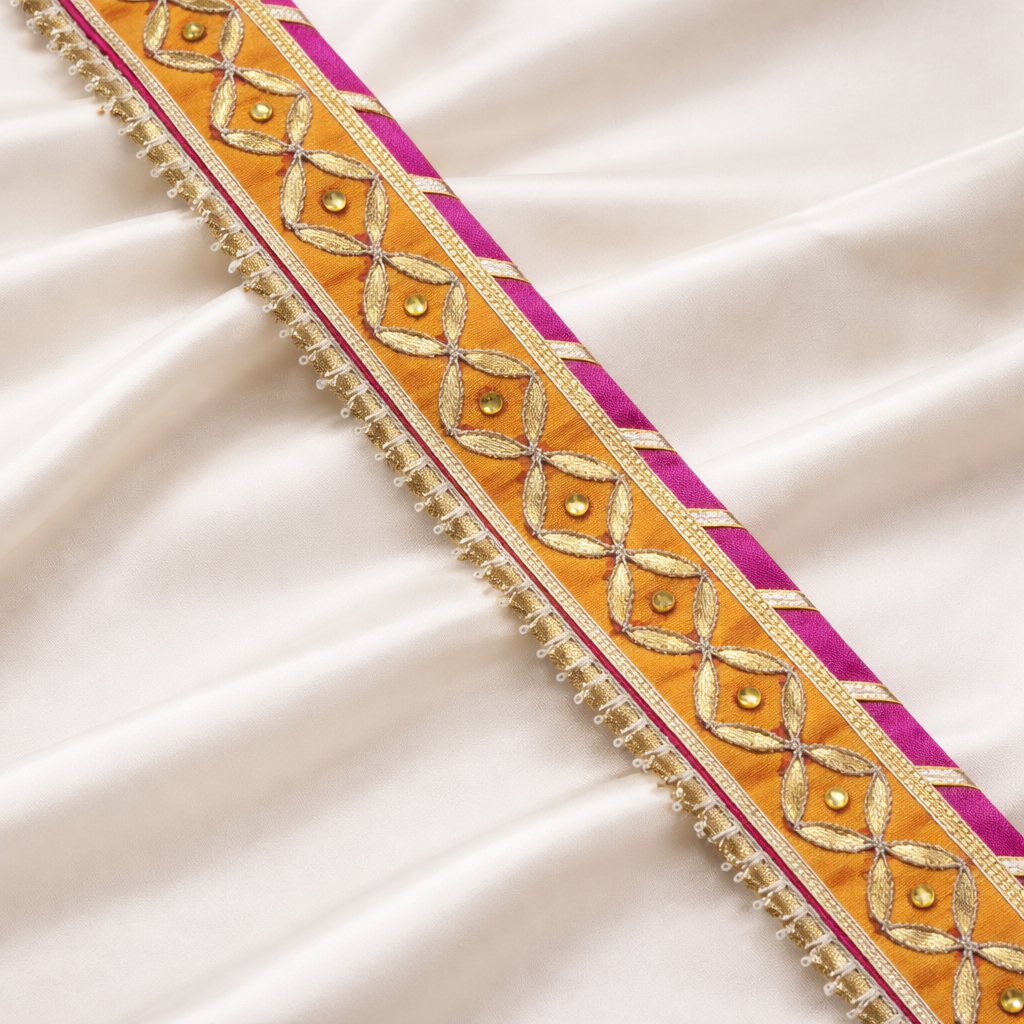 Orange, Pink & Gold Embroidered Lace Border with Mirror and Bead Detailing