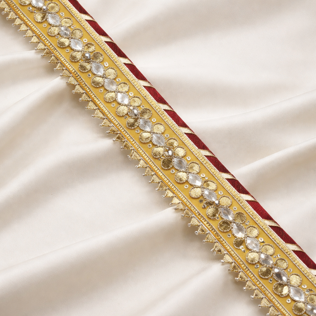 Maroon, Yellow & White Embroidered Lace Border with Floral Stone and Fringe Detailing