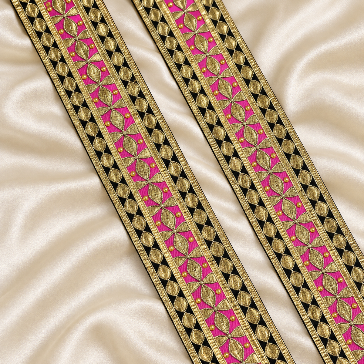 Floral Leaf Metallic Thread Embroidered Wide Lace Border
