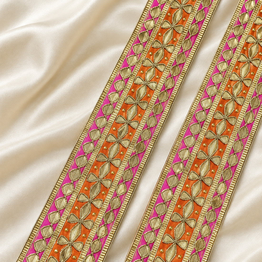 Floral Leaf Metallic Thread Embroidered Wide Lace Border