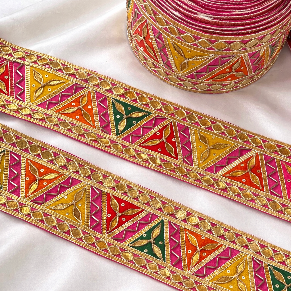 Geometric Triangle Embroidered Gota Lace Border with Sequin Detailing