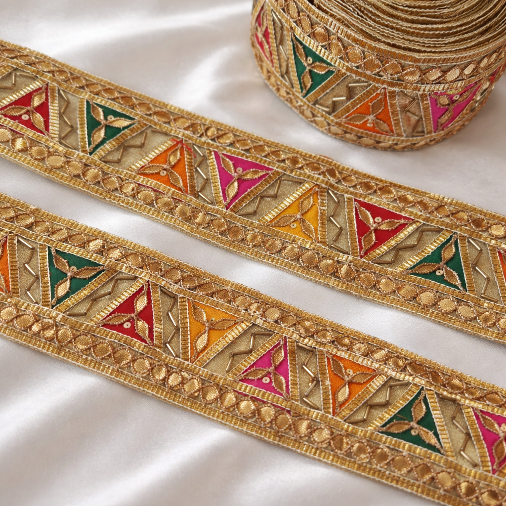 Geometric Triangle Embroidered Gota Lace Border with Sequin Detailing