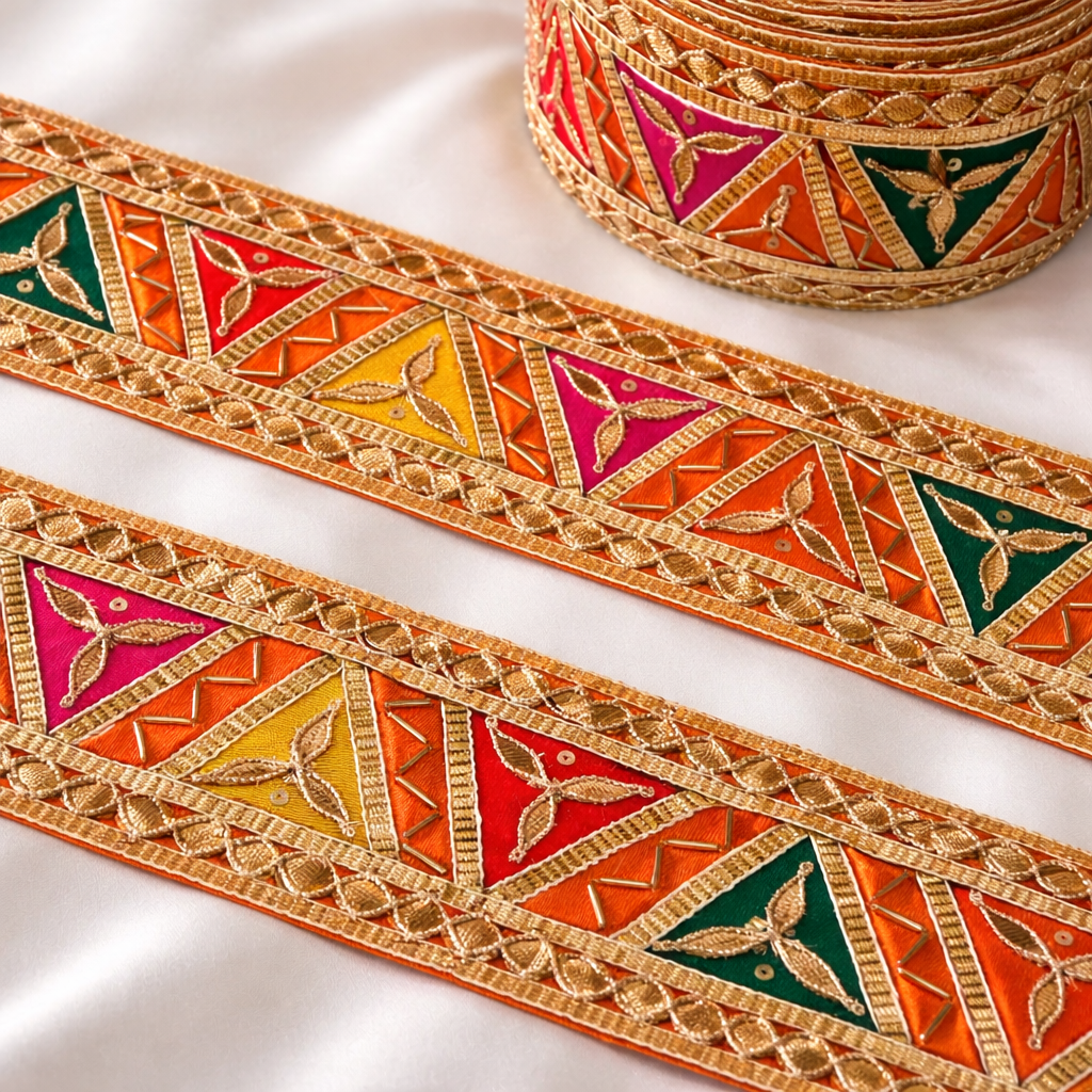 Geometric Triangle Embroidered Gota Lace Border with Sequin Detailing