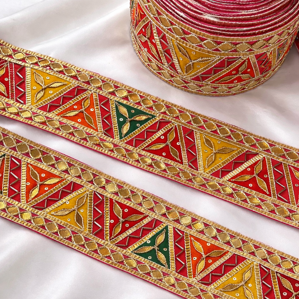 Geometric Triangle Embroidered Gota Lace Border with Sequin Detailing