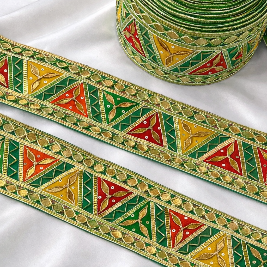 Geometric Triangle Embroidered Gota Lace Border with Sequin Detailing