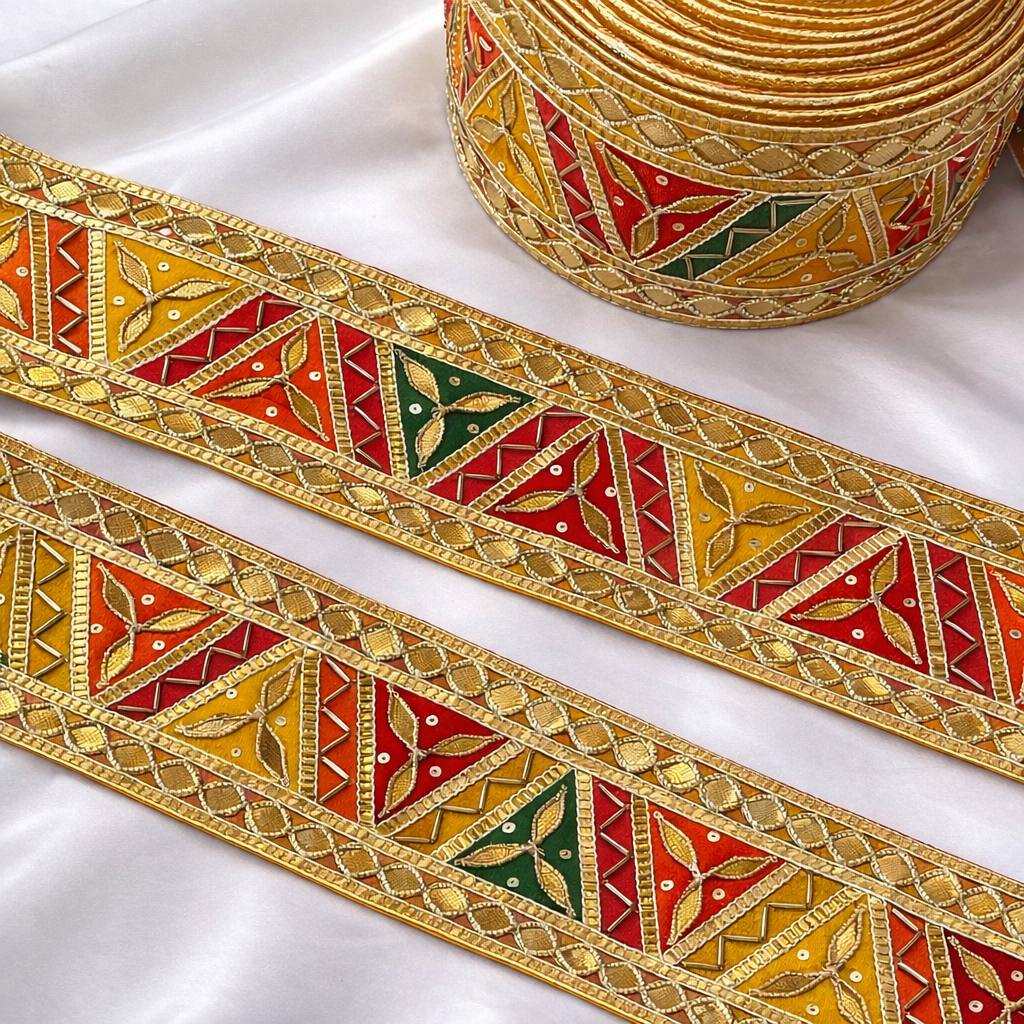 Geometric Triangle Embroidered Gota Lace Border with Sequin Detailing