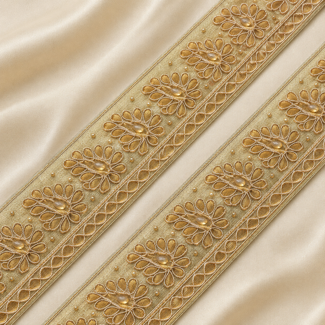 Floral Embroidered Lace Border with Pearl Embellishments for Bridal & Designer Wear