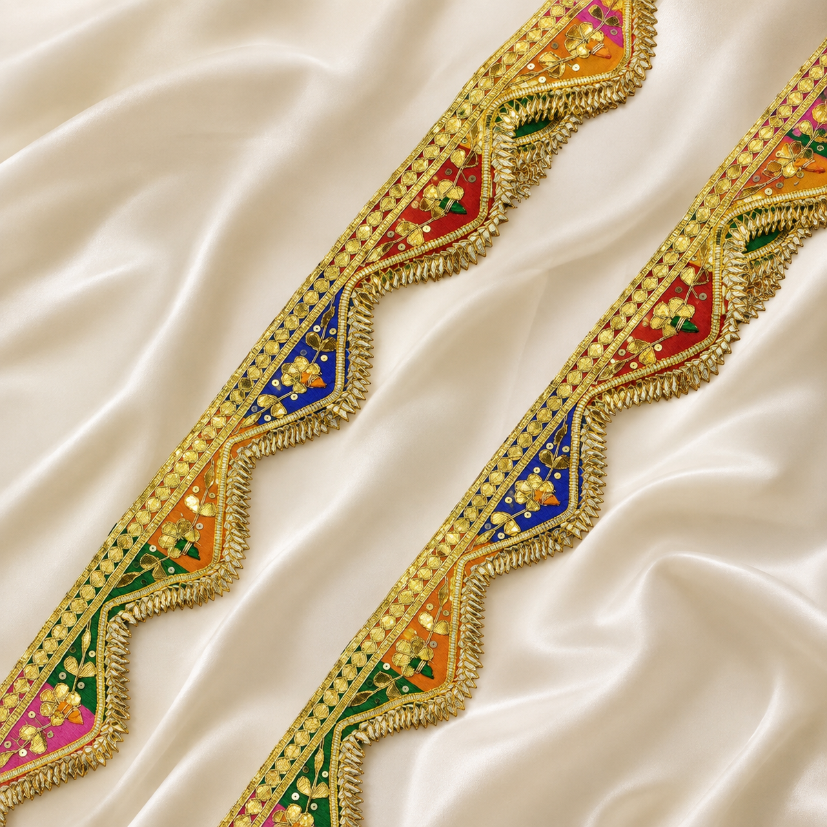 Scalloped Floral Embroidered Gota Lace Border with Tassel & Sequin Detailing
