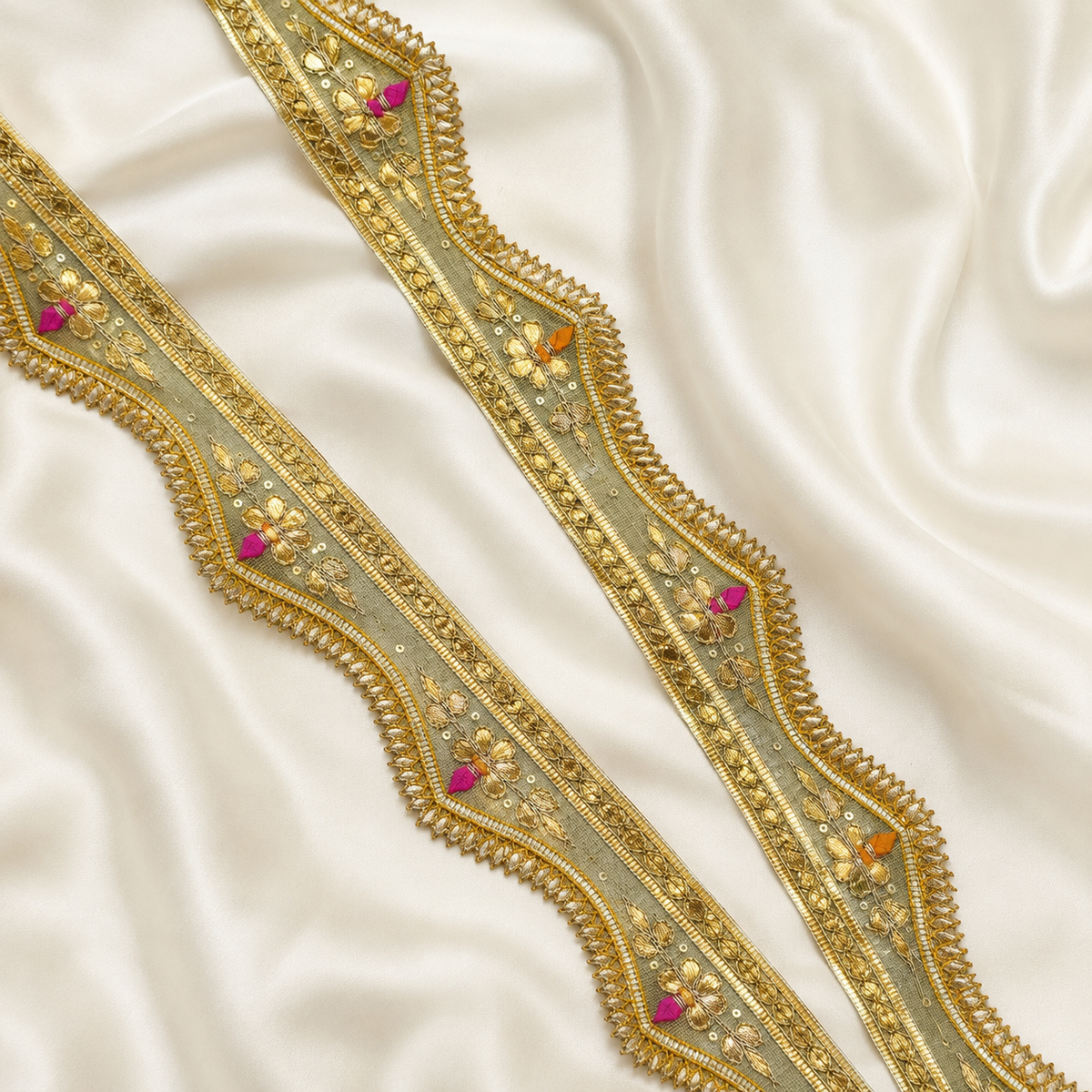Scalloped Floral Embroidered Gota Lace Border with Tassel & Sequin Detailing
