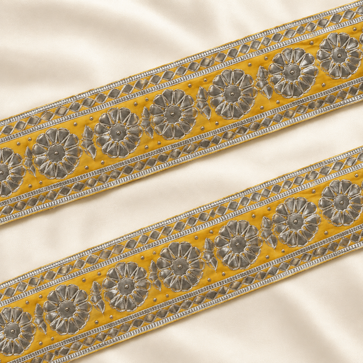 Floral Metallic Embroidered Lace Border with Bead Accents for Bridal & Designer Wear