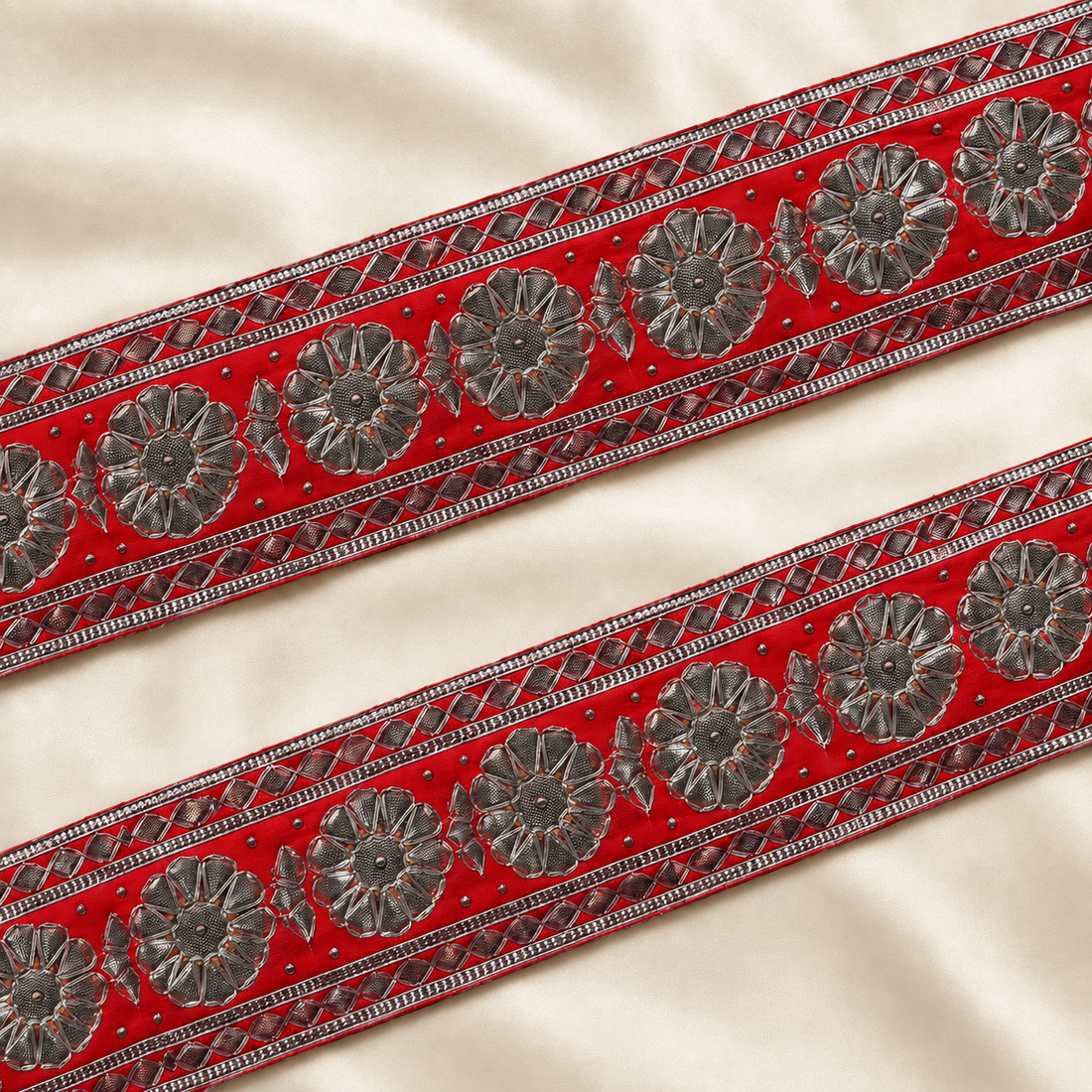 Floral Metallic Embroidered Lace Border with Bead Accents for Bridal & Designer Wear