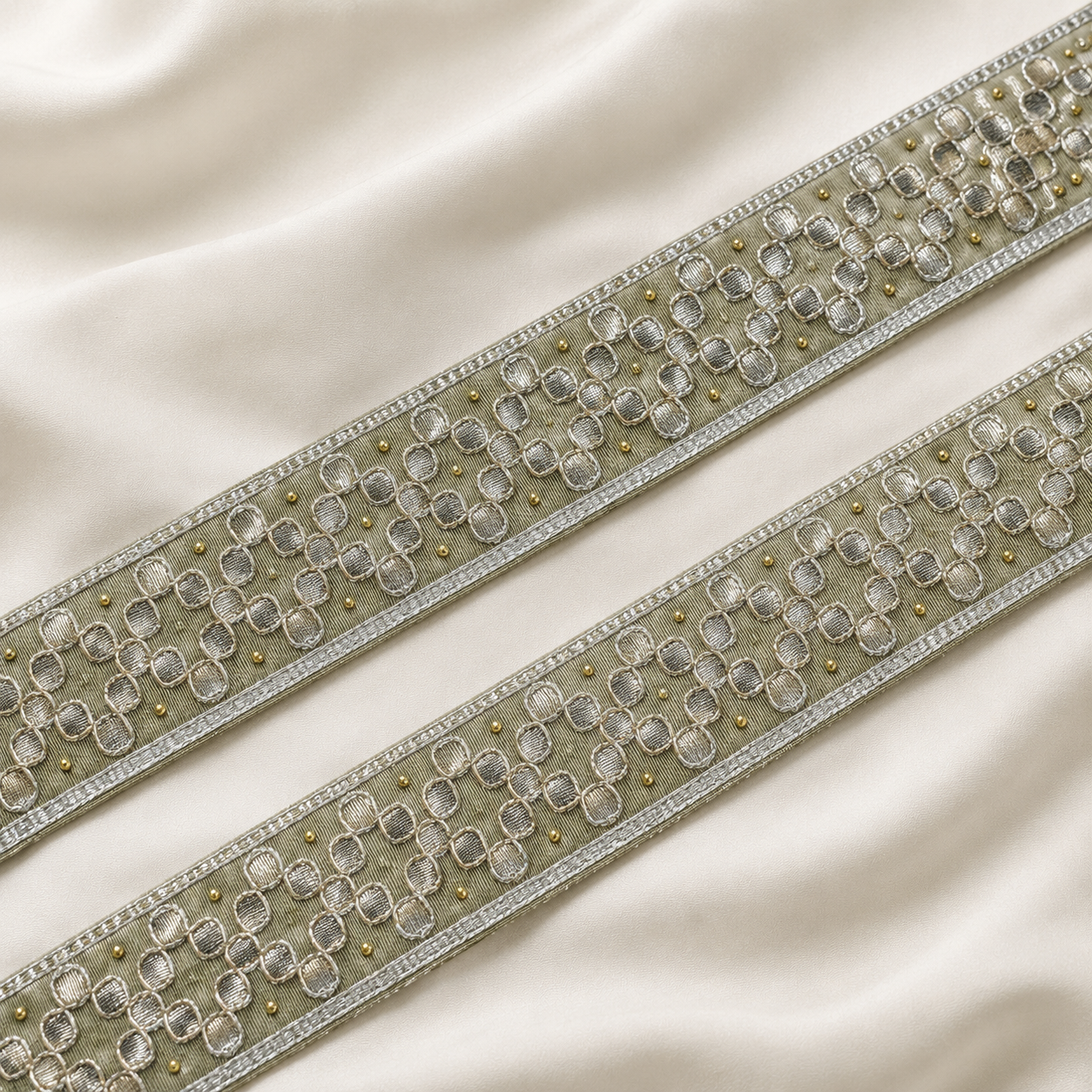 Geometric Metallic Embroidered Lace Border with Bead Accents for Bridal & Designer Wear