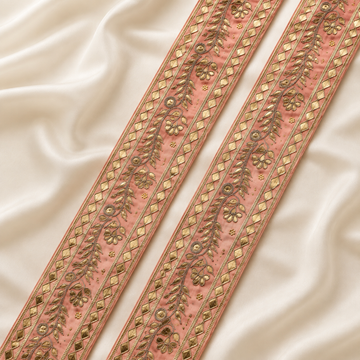 Floral Vine Embroidered Wide Lace Border with Metallic Embellishments for Bridal & Designer Wear