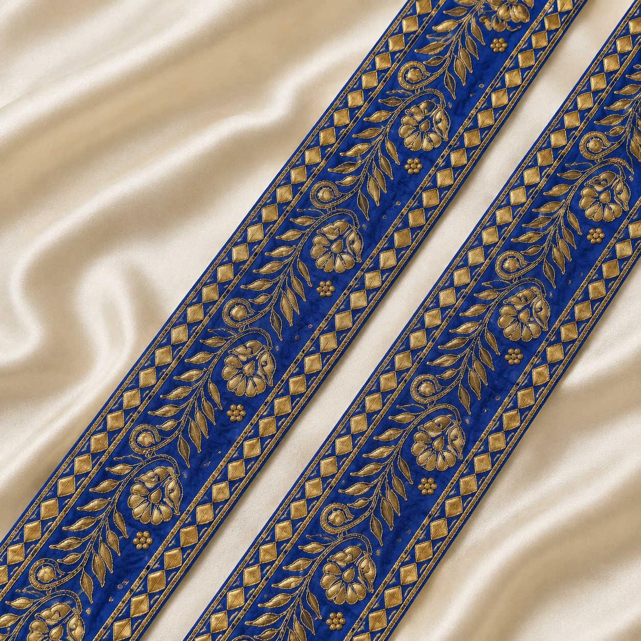 Floral Vine Embroidered Wide Lace Border with Metallic Embellishments for Bridal & Designer Wear