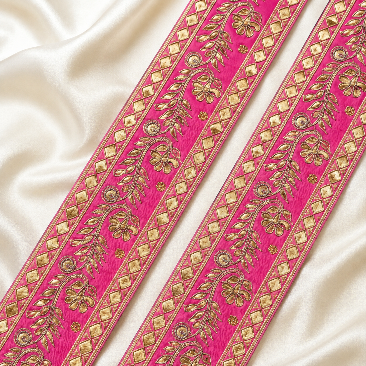 Floral Vine Embroidered Wide Lace Border with Metallic Embellishments for Bridal & Designer Wear