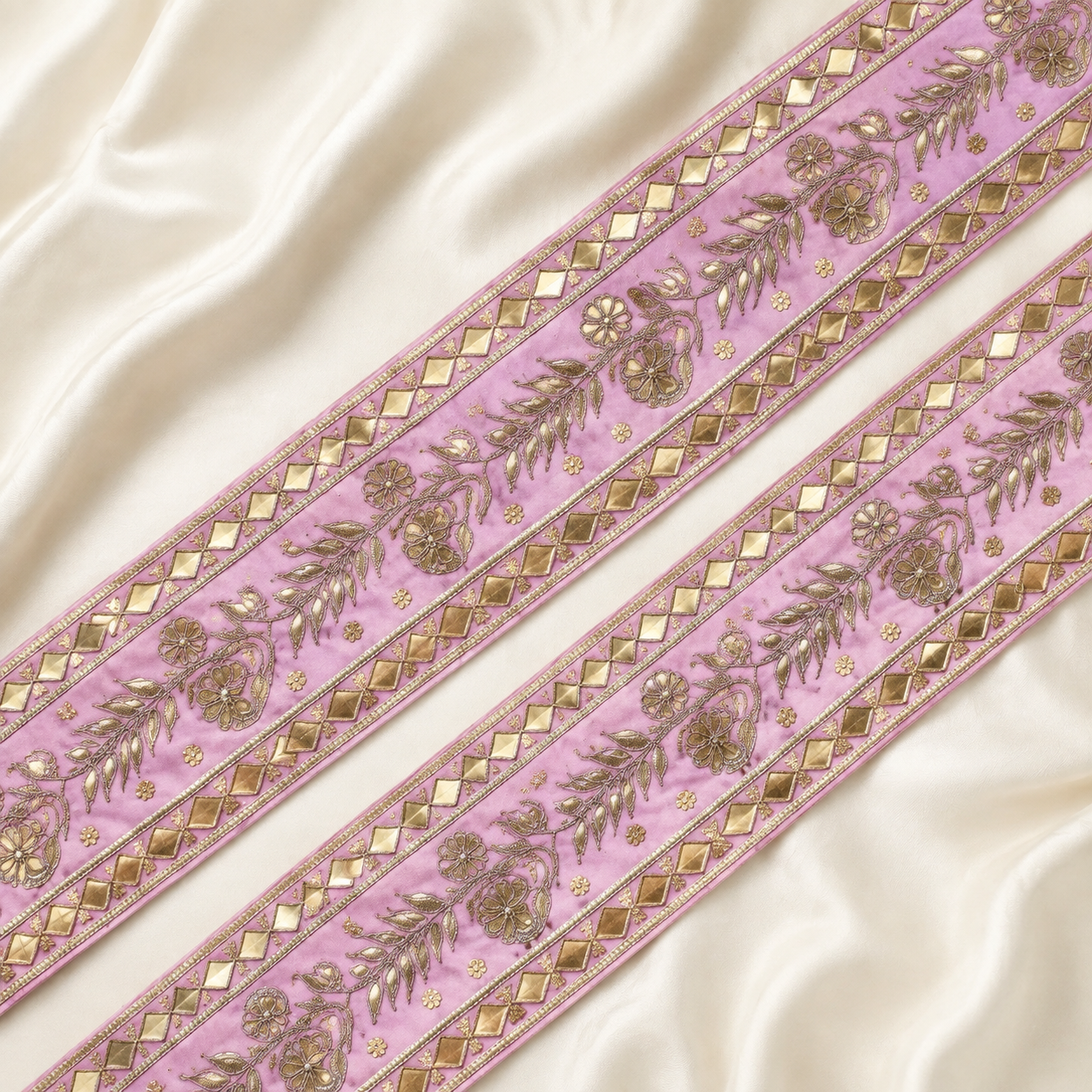 Floral Vine Embroidered Wide Lace Border with Metallic Embellishments for Bridal & Designer Wear