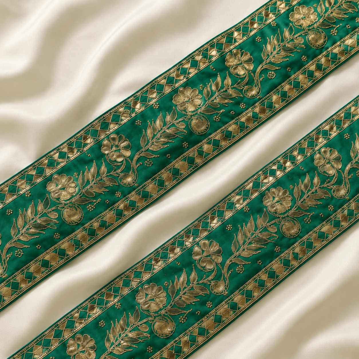 Floral Vine Embroidered Wide Lace Border with Metallic Embellishments for Bridal & Designer Wear