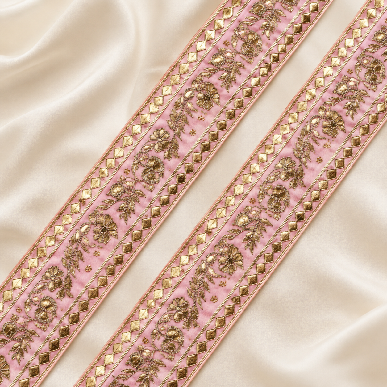 Floral Vine Embroidered Wide Lace Border with Metallic Embellishments for Bridal & Designer Wear