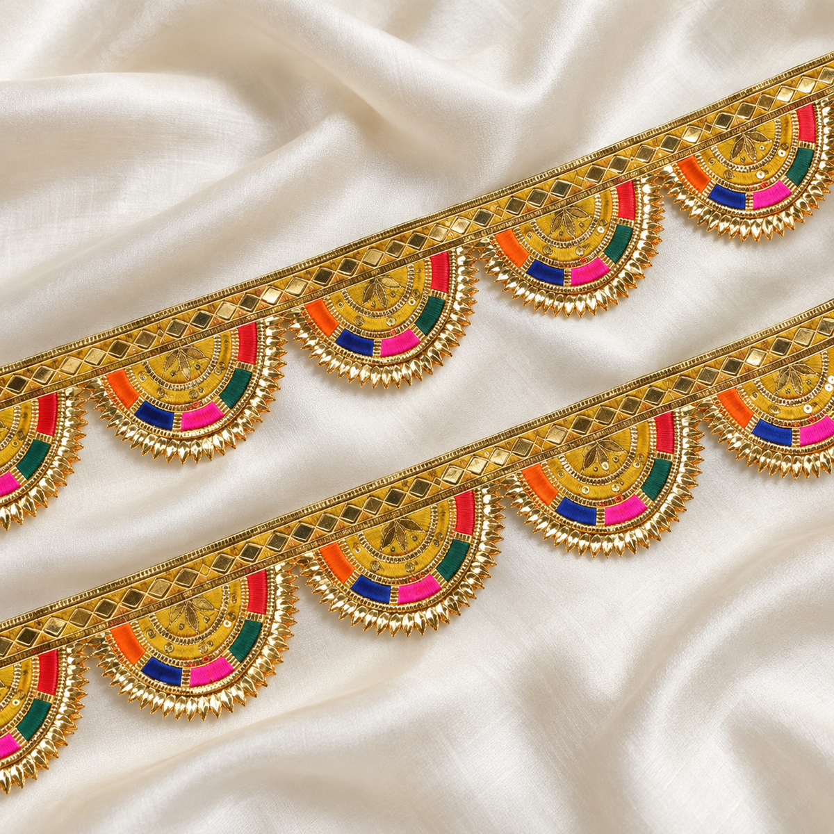 Fan Motif Embroidered Scalloped Lace Border for Festive Wear