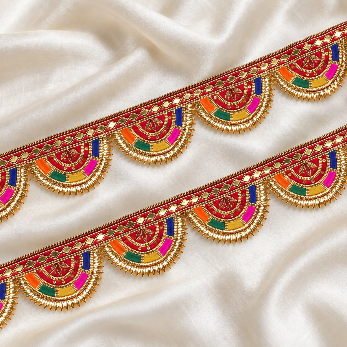 Fan Motif Embroidered Scalloped Lace Border for Festive Wear