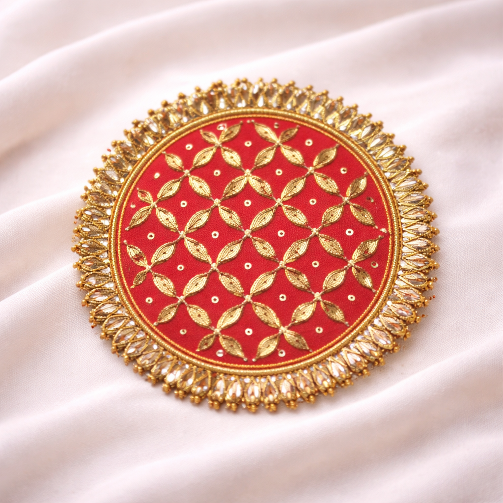 Red Round Gota Embroidered Patch with Gold Leaf Pattern for Festive Wear (12 Pieces)