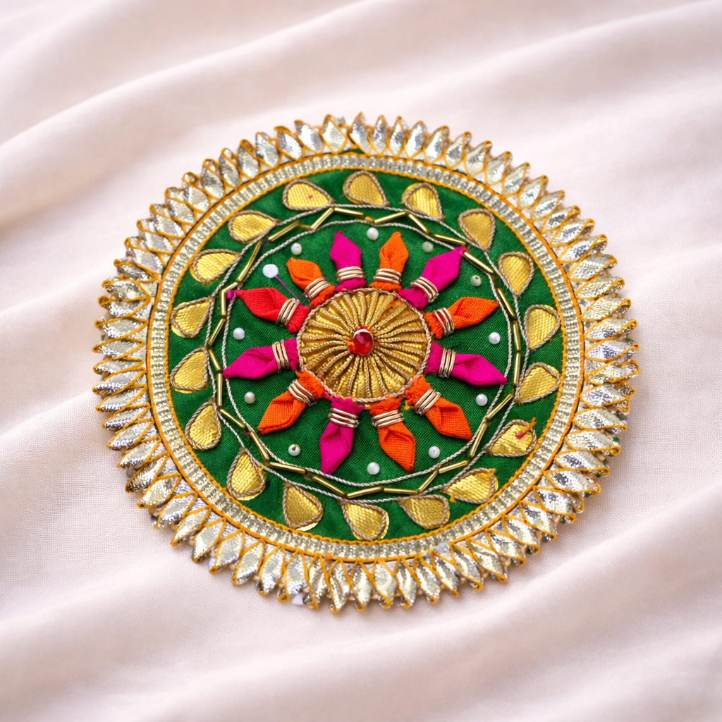 Green Round Gota Embroidered Patch with Pink and Orange Fabric Floral Detailing (9 Pieces)