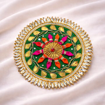 Green Round Gota Embroidered Patch with Pink and Orange Fabric Floral Detailing (9 Pieces)