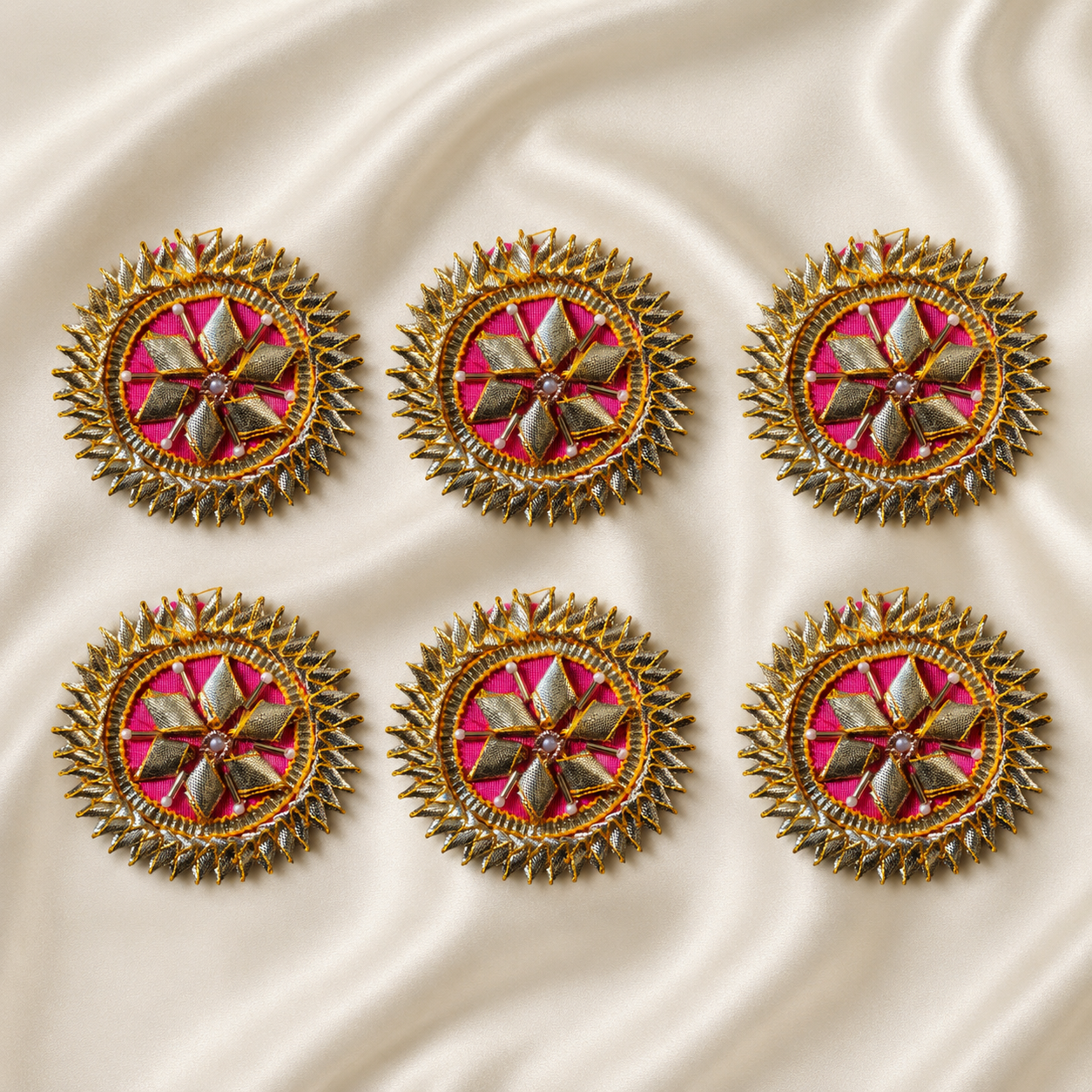 Floral Gota Work Circular Embellished Patch with Pearl Accents (25 Pieces)