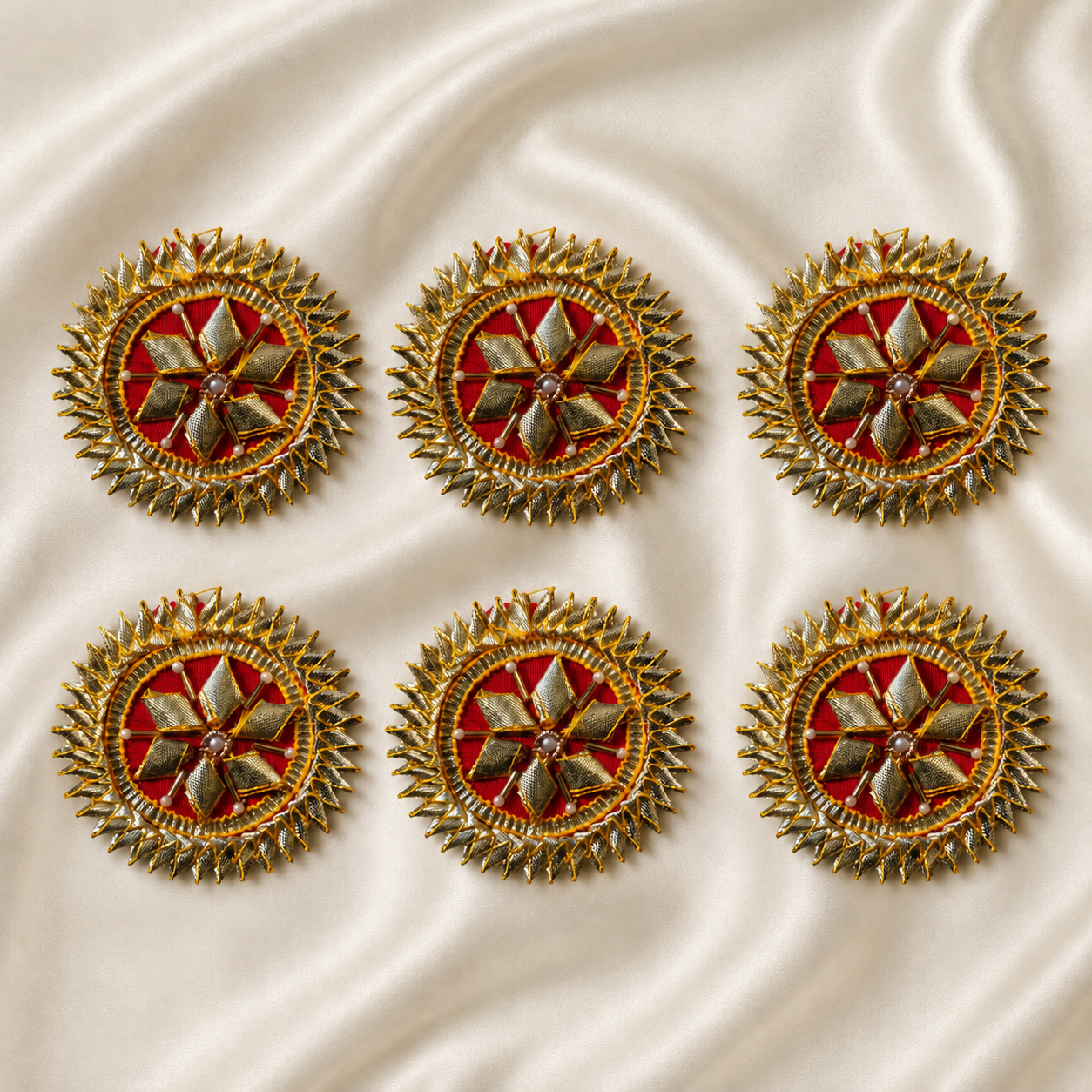 Floral Gota Work Circular Embellished Patch with Pearl Accents (25 Pieces)