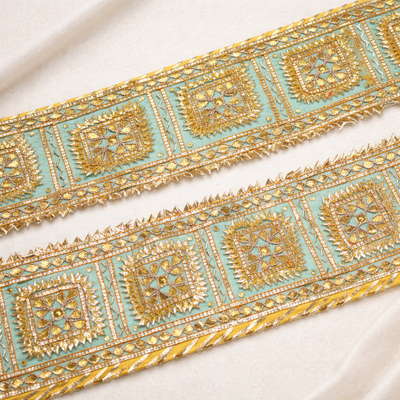 Aqua, Yellow & Gold Handcrafted Gota Lace Border with Square Floral Motifs