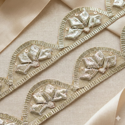 Gold Scalloped Embroidered Lace Border with Stone and Sequin Detailing